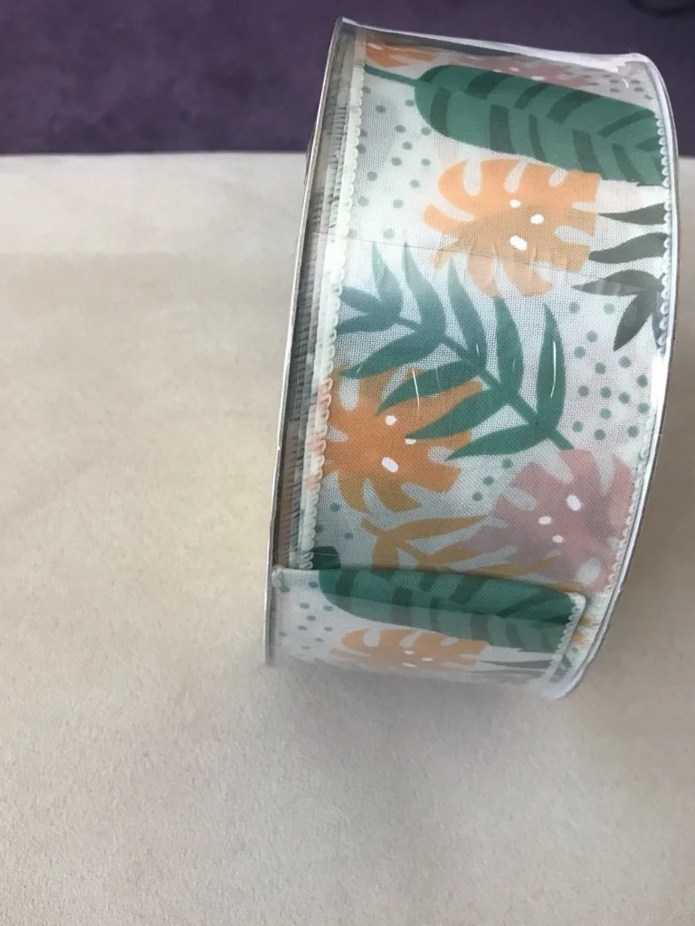 Wired-Edge Tropical Leaf Decorative Ribbon - Green & Cream